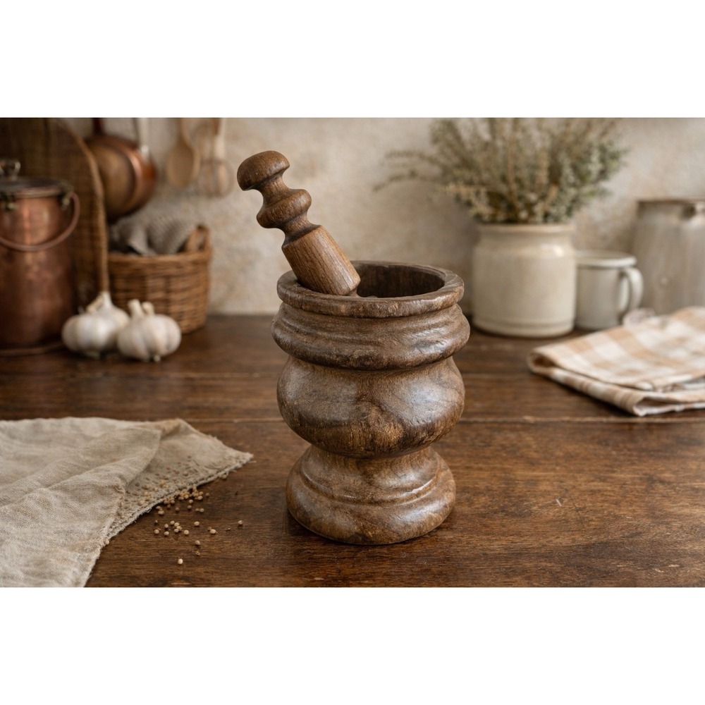Vintage Hand Carved Wooden Mortar & Pestle Rustic Primitive Farmhouse Decor